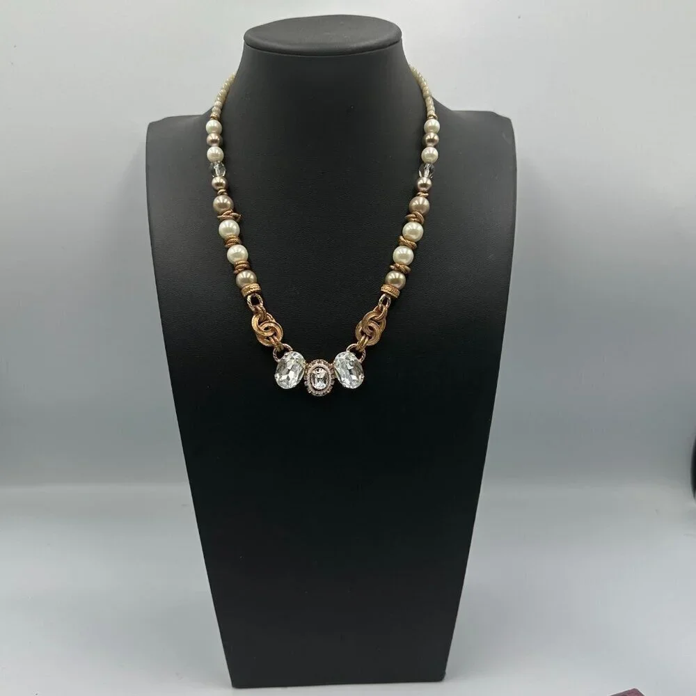 Elisabetta Ricciardi Necklace Rose Gold Tone Faux Pearl Clear Crystal Beaded 16